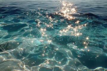 Turquoise water gently ripples as sunlight creates sparkling reflections on the surface in a sunny day at the Ocean