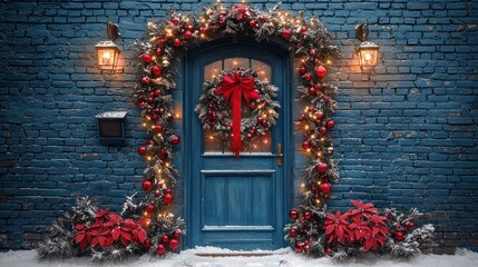 Festive Christmas door decoration, blue brick house, winter scene, holiday greeting card