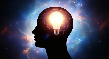 Conceptual Idea Head With Light Bulb And Space Background