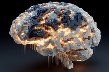Artificial intelligence concept showing a digital brain made of white cubes with glowing electrical activity and reflective surface