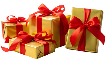 Fototapeta premium Golden christmas gifts with red ribbons isolated on transparent background
