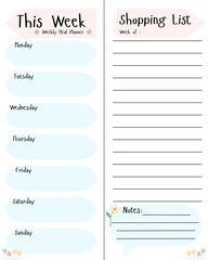 Weekly meal planner template, shopping list, simple and minimal graphic design illustration