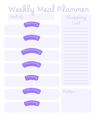 Weekly meal planner template, shopping list, simple and minimal graphic design illustration
