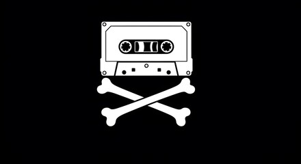 A white cassette tape depicted as a pirate flag, with two crossed bones below it, symbolizing music piracy or retro audio