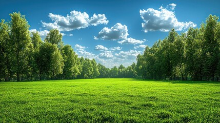 Obraz premium Lush green field, trees, and sunny blue sky.