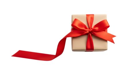 Brown gift box with red ribbon isolated on transparent background