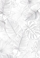 A monochrome design showcasing a multitude of tropical leaves with intricate line work, creating a serene and elegant pattern.