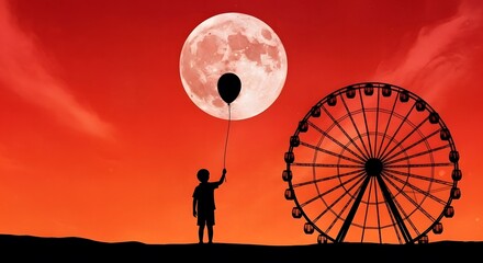 Silhouette of a child holding a balloon under a large moon with a ferris wheel in the background during a vibrant red sunset