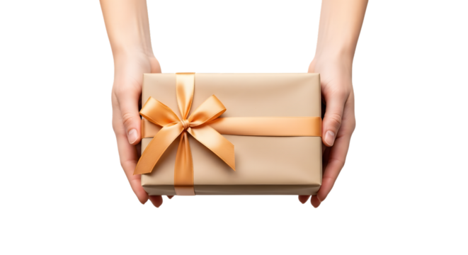 Hands holding a gift box with orange ribbon isolated on transparent background