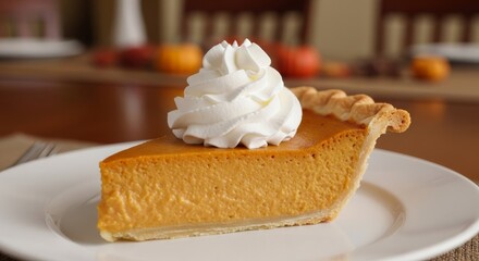 A perfect slice of classic pumpkin pie topped with a generous swirl of whipped cream.