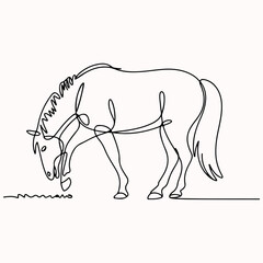 Graceful equestrian continuous line illustration, portraying a horse calmly grazing with elegant, fluid strokes