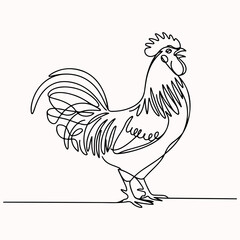 Continuous line drawing of a rooster standing in profile, a simple and elegant farm animal illustration