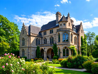 In Boston, Massachusetts, USA, this elegant stone Gothic Revival home is encircled by a vibrant garden.