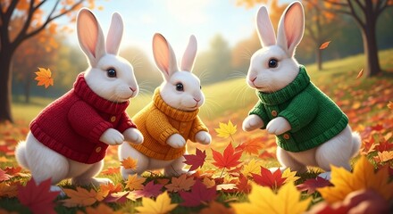Three fluffy white rabbit wearing colorful knit sweater among autumn leaves. Cute animal celebrating fall season for greeting card.