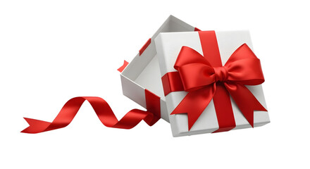 White gift box with red ribbon isolated on transparent background