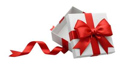 White gift box with red ribbon isolated on transparent background