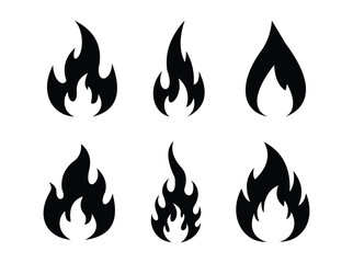 Collection of six different fire flame icons in black silhouette for design needs