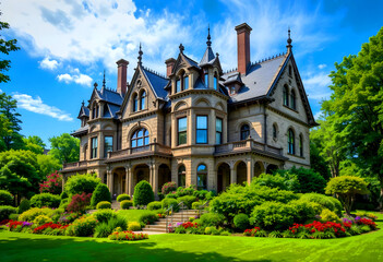 In Boston, Massachusetts, USA, this elegant stone Gothic Revival home is encircled by a vibrant garden.