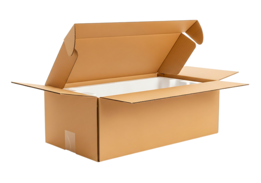 Open cardboard box with white styrofoam insert isolated on transparent background