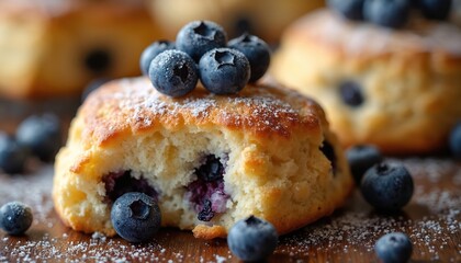 Closeup of fresh baked blueberry scone dusted with sugar. Soft pastry filled with berries sits on wooden table. More scones and fresh blueberries scattered around.