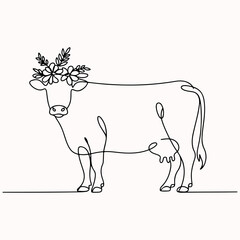 Continuous one line drawing of a standing cow with a floral wreath on its head