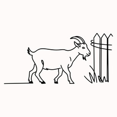Minimalist Line Art of a Goat Grazing Next to a Fence and Grass in a White Background