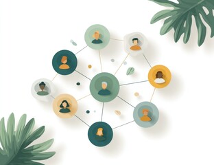 A network of diverse people connected by lines, displayed in a contemporary, airy, and tranquil style.