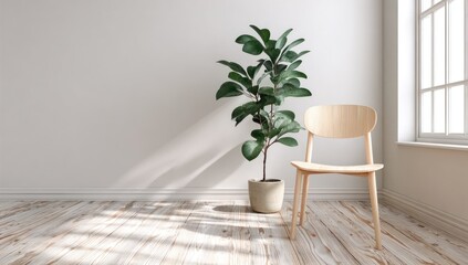 A light-filled, minimalist room features a wooden chair and a potted plant against a white wall, bathed in soft natural light.