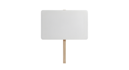 A blank white sign on a wooden stick against a white background.