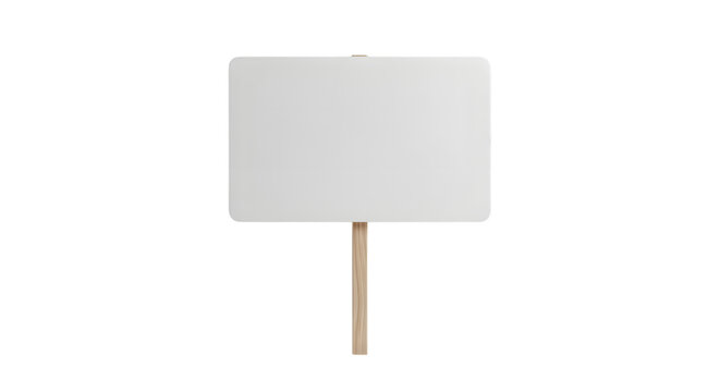 A blank white sign on a wooden stick against a white background.