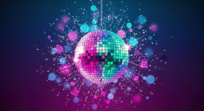 sparkling iridescent disco ball hangs on chain against dark blue and purple background with bokeh lights. festive party and celebration concept. invitation, banner.