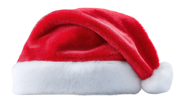 Santa Claus red hat isolated on transparent background, traditional Christmas accessory with white fur trim and fluffy pompom, realistic festive object.