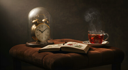 A dramatic still life presents a vintage alarm clock, an open book, and a steaming cup of tea, evoking a serene, reflective ambiance.