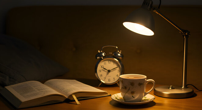 A cozy evening scene with a warm lamp illuminating an open book, a steaming cup, and a classic alarm clock, perfect for quiet contemplation or late-night reading. - Powered by Adobe