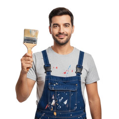Happy painter in denim overalls isolated on transparent background holding brush