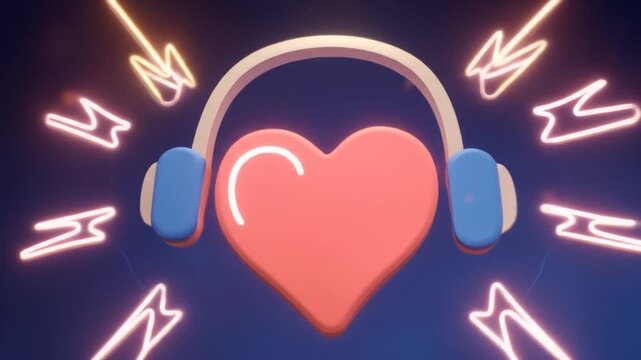 Animated headphones with heart symbol and lightning bolts on dark background