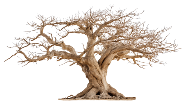 Withered fig tree full body on transparent white background, bare twisted branches with cracked bark and no fruit, symbolic biblical tree of judgment and unfruitfulness PNG.