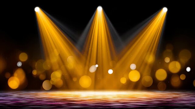Dynamic stage lighting with vibrant beams illuminating a reflective surface, creating a captivating atmosphere, showcasing the evolution of light intensity and color, camera zooms in gradually