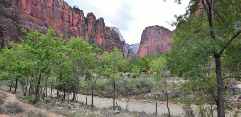 The Virgin River running through the red rock canyon of Zion National Park, Utah.