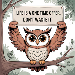 Obraz premium An owl sitting on a branch holding a sign with a motivational message