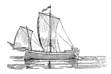 Commercial Russian vessel - 16th-18th century. Carbas, old vintage illustration, 1879