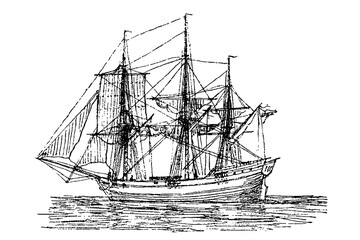Transport sailing vessel on the Caspian Sea - 18th -19th century, old vintage illustration, 1879