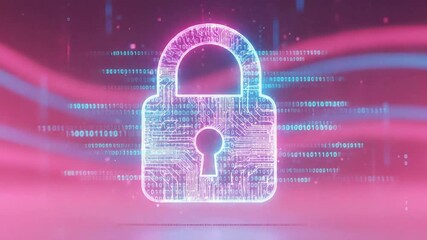 Dynamic digital padlock animation glows with modern security technology as binary code streams through cyberpunk network - Powered by Adobe