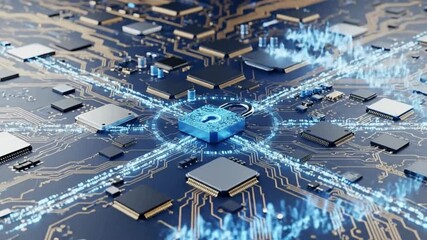 Cutting-edge cybersecurity video showcasing data encryption with futuristic lock animation and circuit board design for technology firms