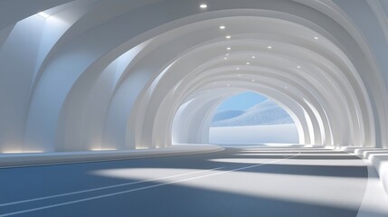Obraz premium White transportation tunnel mockup with curved walls and subtle light reflections, representing modern highway engineering, future metro systems, and minimalist architectural visualization for