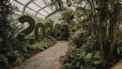 Lush Greenhouse Display - Topiary Numbers 2026 Amidst Verdant Foliage.