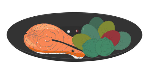 Hans Drawn Salmon steak Brussels Sprouts Salad leaves and peppercorn mix on Black Plate Healthy Food