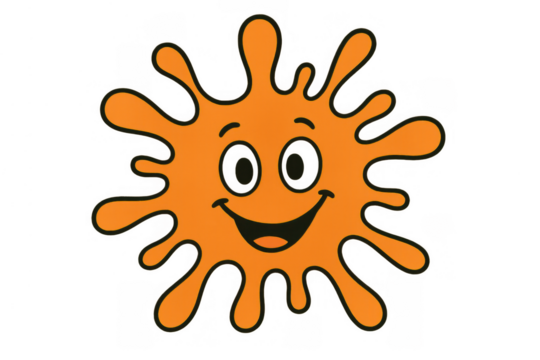 Orange paint splat character smiling, expressing happiness and joy, cartoon mascot for creative design and fun concepts