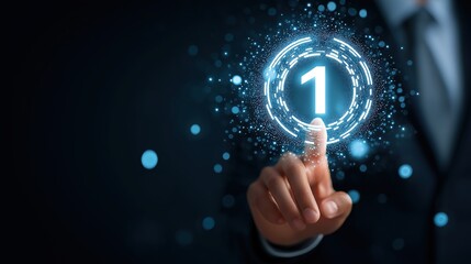 Businessman Touching Number 1 with Futuristic Festive Glow, Minimalist Background, Ample Copy Space, Concept of Achievement, Leadership, and Success