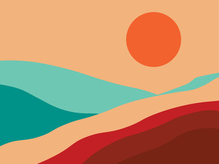 Abstract desert landscape with sun and earth tone hills illustration